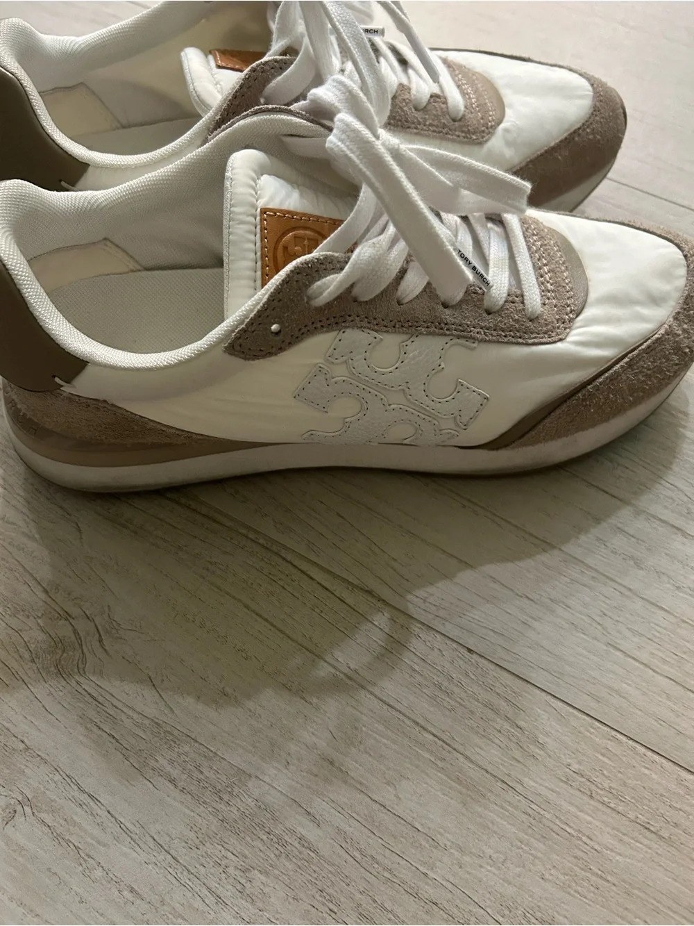 Tory Burch White and Taupe Suede-Accented Logo Sneakers